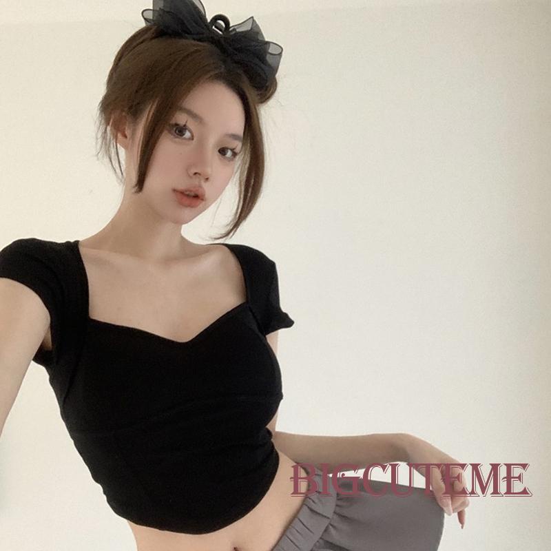[] Áo Thun Crop Top Hở Lưng Có Đệm Mút Dây Chéo Màu Trơn Mùa Hè Đáng Yêu Có Thể Co Giãn Cho Nữ