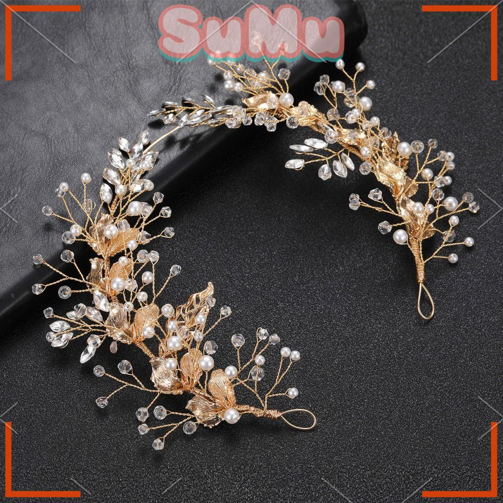 Băng Đô Cài Tóc Đính Pha Lê Hình Lá Bằng Hợp Kim Màu Vàng Cho Cô Dâu