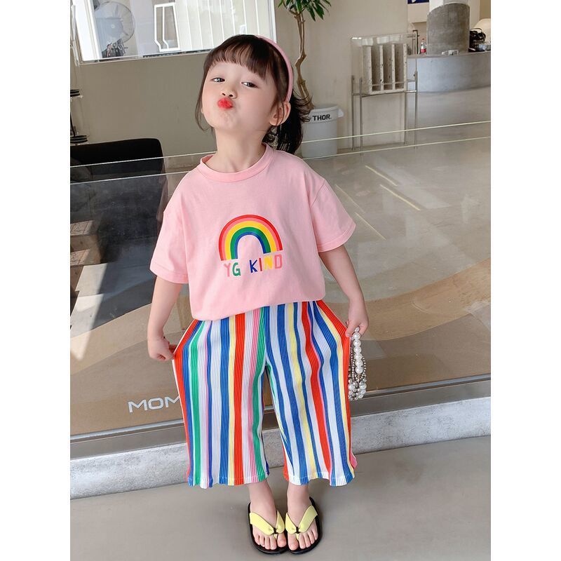 Set Áo Thun Tay Ngắn Và Quần Dài Xếp Ly Màu Cầu Vồng Thời Trang Mùa Hè Hàn Quốc Mới 2023 Dành Cho Bé Gái