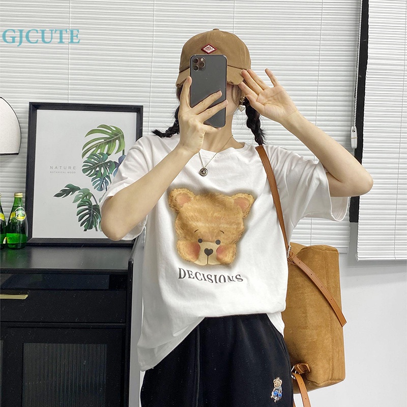 Áo Thun Tay Ngắn Cổ Tròn In Hình Gấu Hoạt Hình Dễ Thương Thời Trang Mùa Hè Cho Nữ