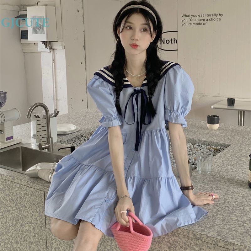 Gjocute Đầm Trắng Mini Cổ Thủy Thủ Phong Cách Preppy Hàn Quốc Ngọt Ngào Thường Ngày Cho Học Sinh WTD