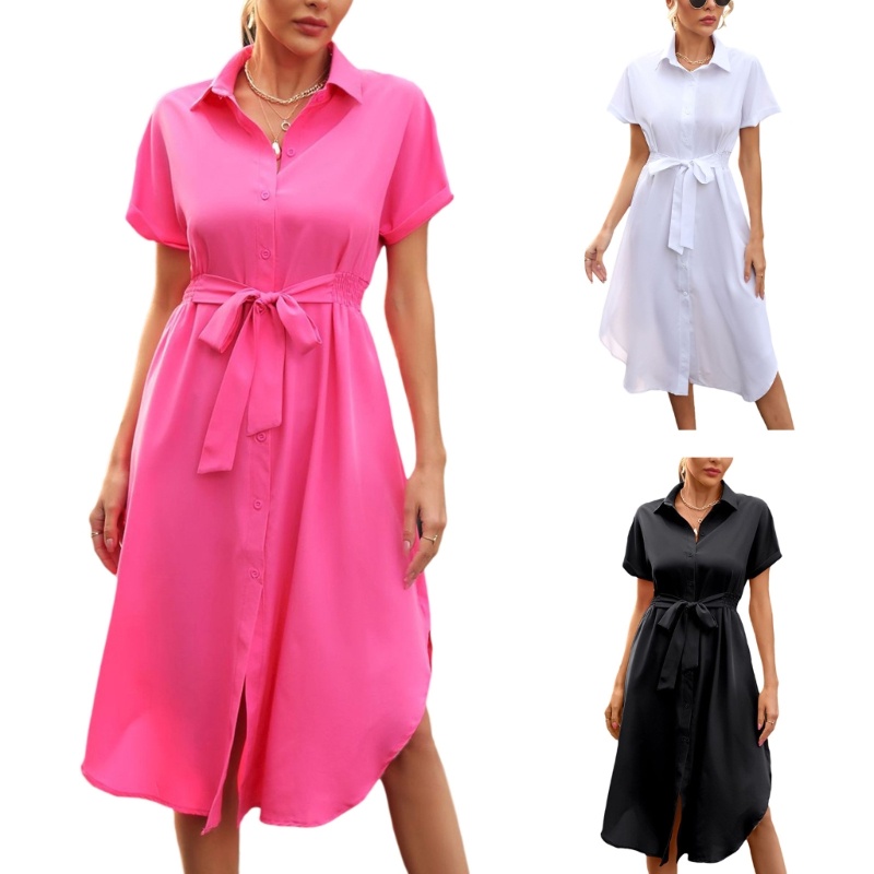 Đầm Midi Ngắn Tay Dáng Rộng Cài Nút Thắt Eo Thời Trang Mùa Hè Cho Nữ