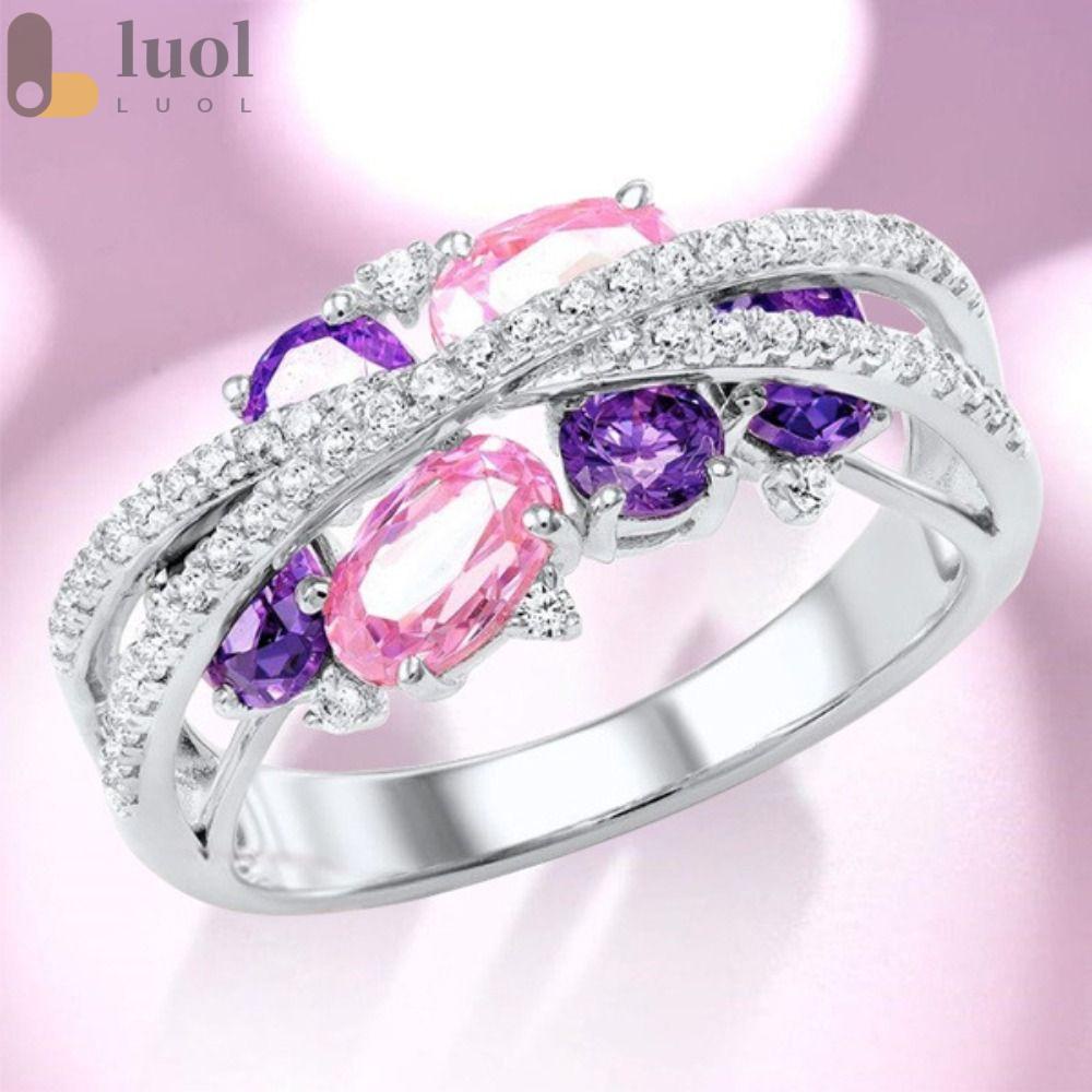 LUOL Nhẫn Đính Hôn Bạc Đính Đá Zircon Màu Hồng / Xanh Dương Lấp Lánh Cho Nữ