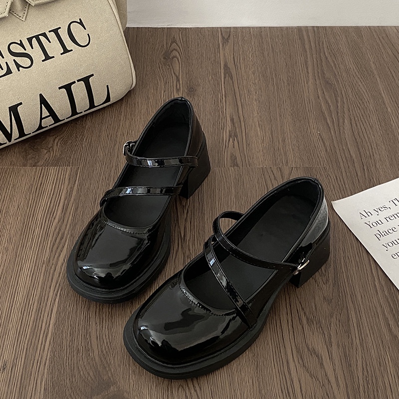 Giày Da Mũi Tròn Màu Đen Phong Cách Pháp Thời Trang Cho Nữ