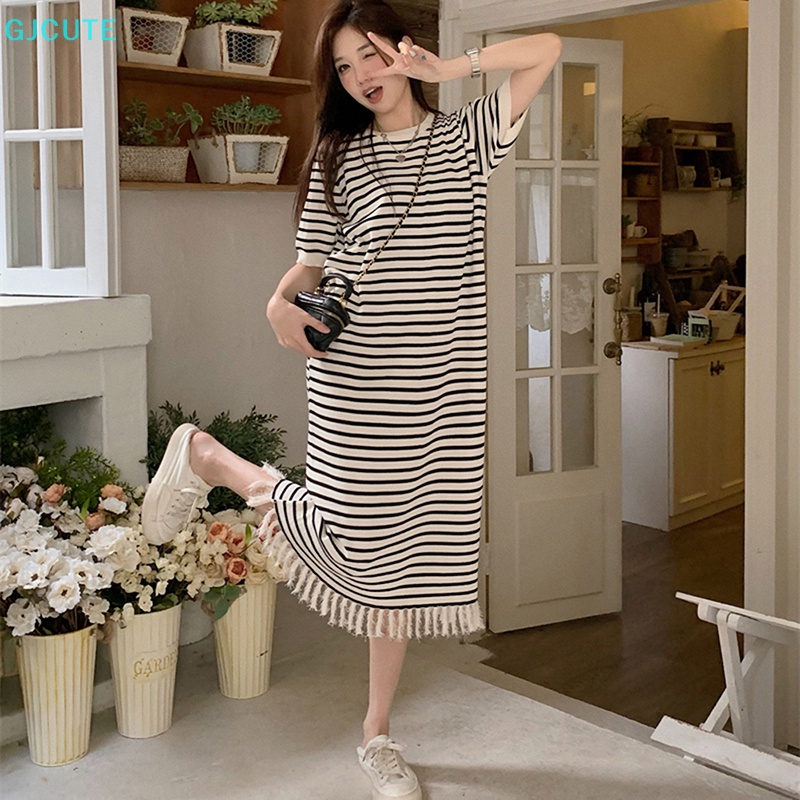 Mfc Đầm Midi Tay Ngắn Họa Tiết Kẻ Sọc Phối Tua Rua Đơn Giản Thời Trang Mùa Hè Cho Nữ