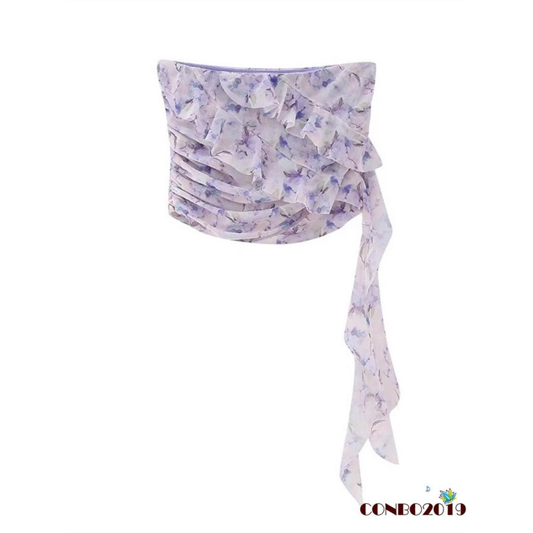 Áo Croptop Trễ Vai Nhún Bèo Họa Tiết Hoa Thời Trang Mùa Hè Cho Nữ