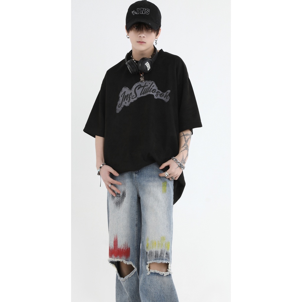 Insstudios Quần Jean Ống Rộng Thẳng Sơn Màu Vẽ Tay Phong Cách Đường Phố Mỹ Cho Cặp Đôi