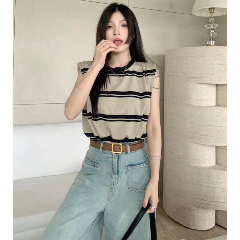 Áo Thun Sát Nách Cổ Tròn Dáng Rộng Hoạ Tiết Kẻ Sọc Thời Trang Mùa Hè