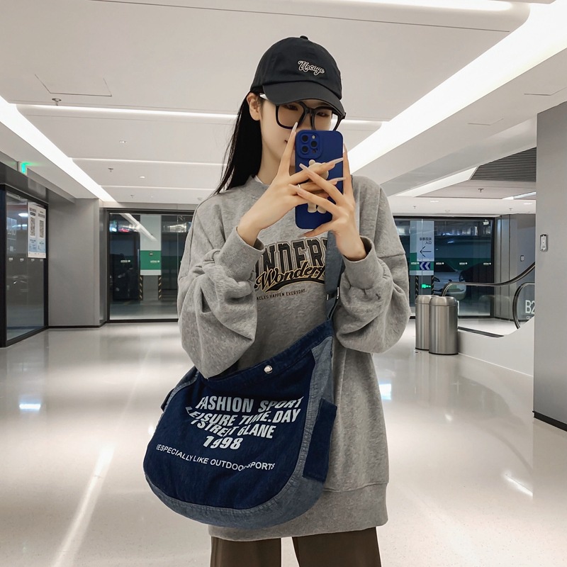 Túi Đeo Chéo Vải Denim Kích Thước Lớn Phong Cách Thời Trang Đường Phố Mới Cho Nam Và Nữ