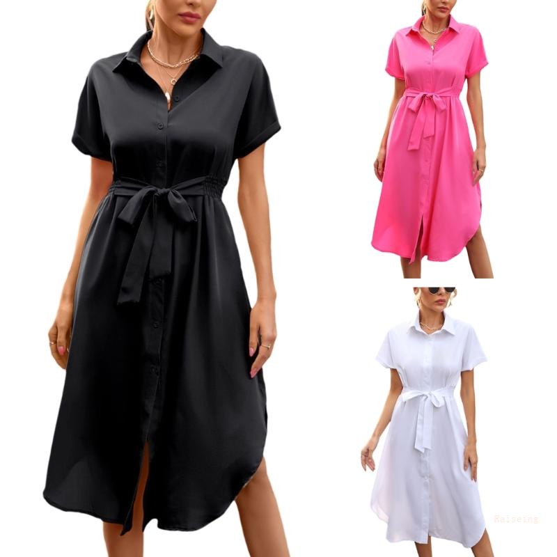 Đầm Midi Ngắn Tay Dáng Rộng Cài Nút Thắt Eo Thời Trang Mùa Hè Cho Nữ