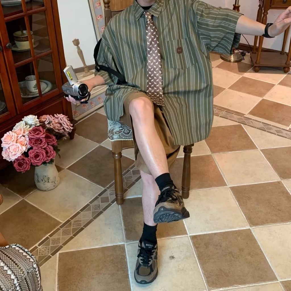 Áo Sơ Mi Ngắn Tay Dáng Rộng Họa Tiết Sọc Dọc vintage Thời Trang Cho Nam Nữ