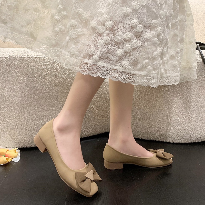 Giày Gót Thấp Mũi Vuông Bằng Da Đính Nơ Thời Trang Cho Nữ