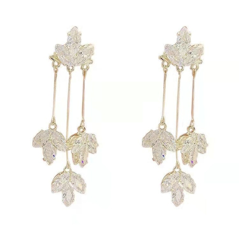 Khuyên Tai Hình Lá Phong Đính Đá Zircon Phối Tua Rua Sang Trọng Thời Trang Cho Nữ