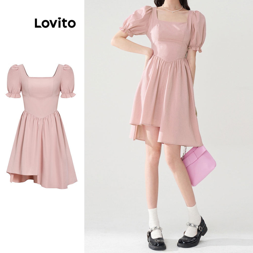 Lovito Đầm suông cổ vuông xếp ly trơn đơn giản cổ vuông cho nữ L55AD099 (Hồng đen)