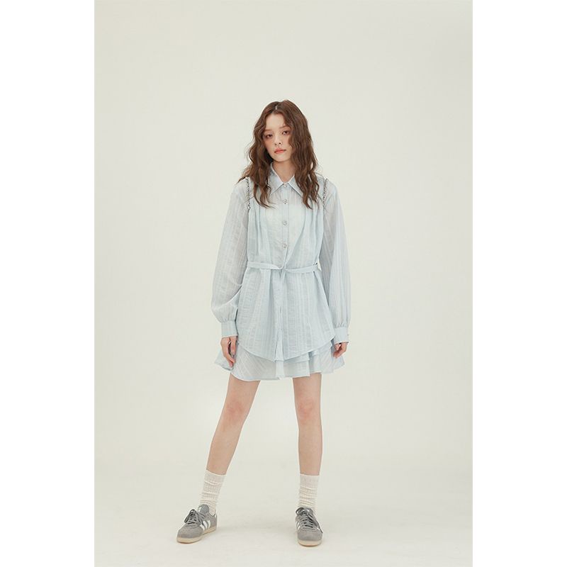 Set Áo Sơ Mi Chiffon Dài Tay Và Chân Váy Dài Màu Xanh Dương Thời Trang Mùa Thu Mới 2023 Cho Nữ