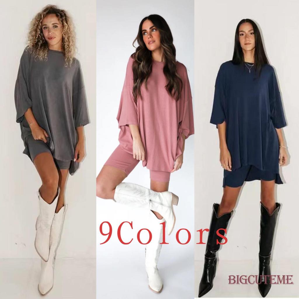 Set Áo Thun Tay Lỡ 3 / 4 + Quần Short Dáng Rộng Màu Sắc Đơn Giản Thời Trang Mùa Hè Cho Nữ