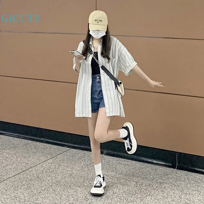 Áo Sơ Mi Mỏng Tay Ngắn Dáng Rộng Thoáng Khí In Họa Tiết Kẻ Sọc Kiểu Retro Xinh Xắn Cho Nữ