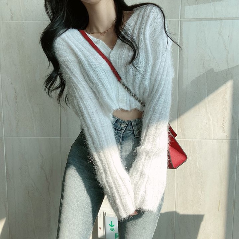 Áo Khoác cardigan Dệt Kim Tay Dài Cổ Chữ V Màu Sắc Đơn Giản Phong Cách Hàn Quốc Cho Nữ