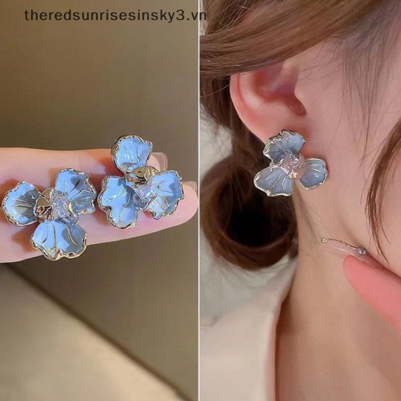 Bông Tai Hình Hoa Đính Pha Lê Màu Xanh Dương Phong Cách Hàn Quốc Cổ Điển Thời Trang Cho Nữ