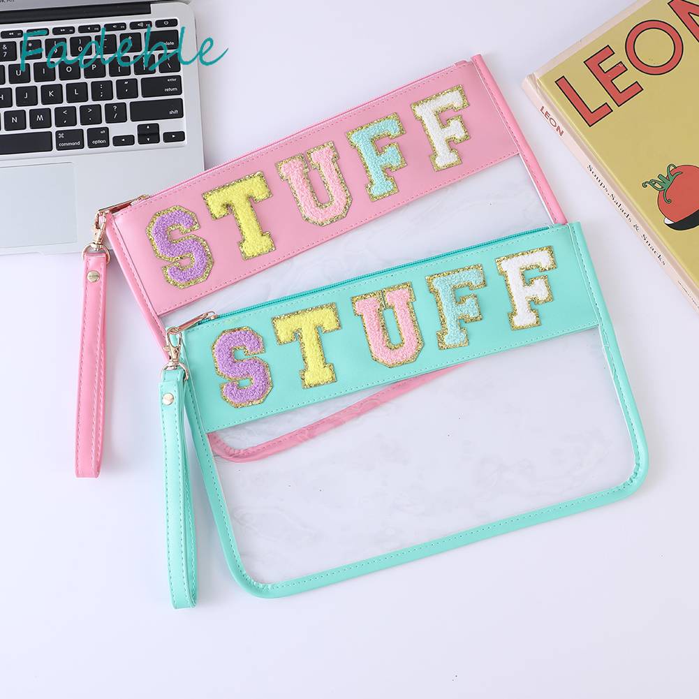 Túi Đựng Mỹ Phẩm Bằng PVC Chenille Trong Suốt In Chữ Có Khóa Kéo Tiện Dụng Mang Theo Du Lịch