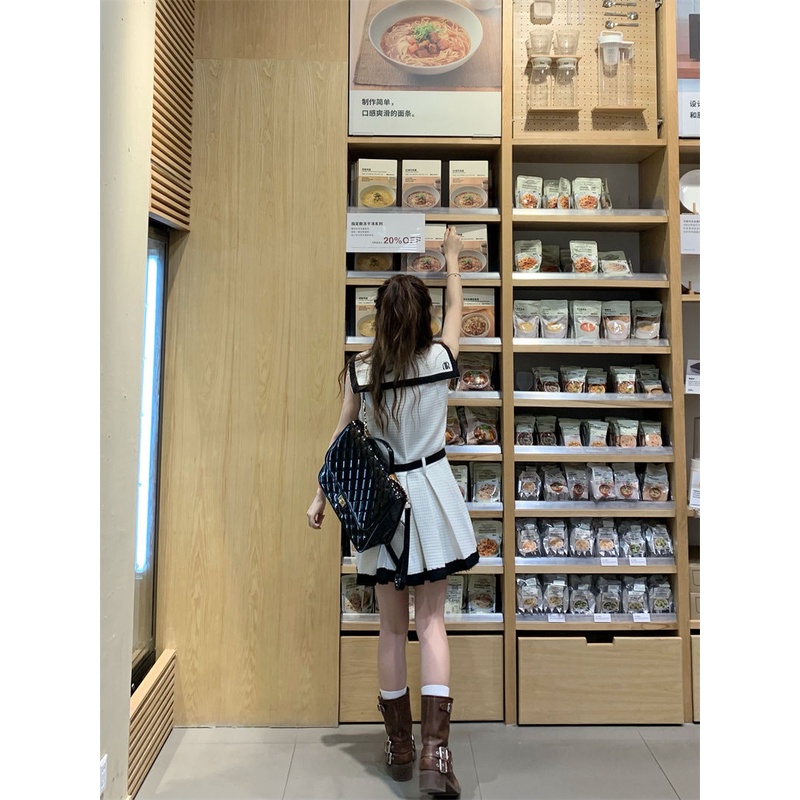 Đầm Chữ a Xếp Ly Cổ Thủy Thủ Màu Tương Phản Phong CáchThời Trang Mùa Hè Cho Nữ KKI0