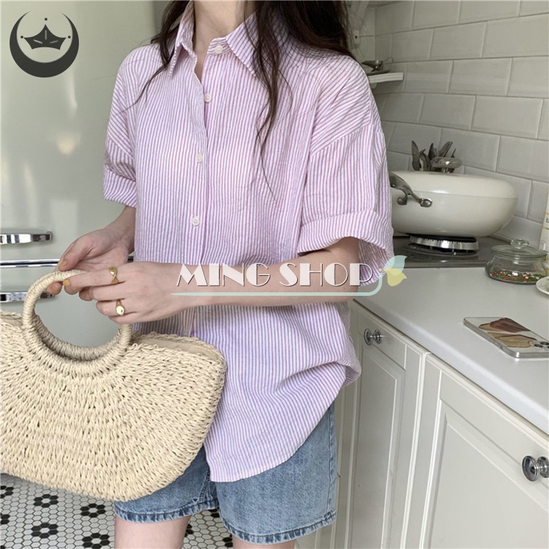 Áo Sơ Mi Ngắn Tay Họa Tiết Sọc Thời Trang Dành Cho Nữ
