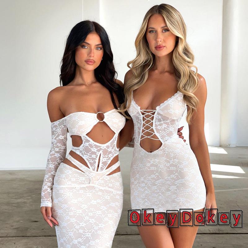 Đầm Mini Ôm Dáng Hai Dây Không Tay Phối Ren Đan Dây Chéo Quyến Rũ Cho Nữ