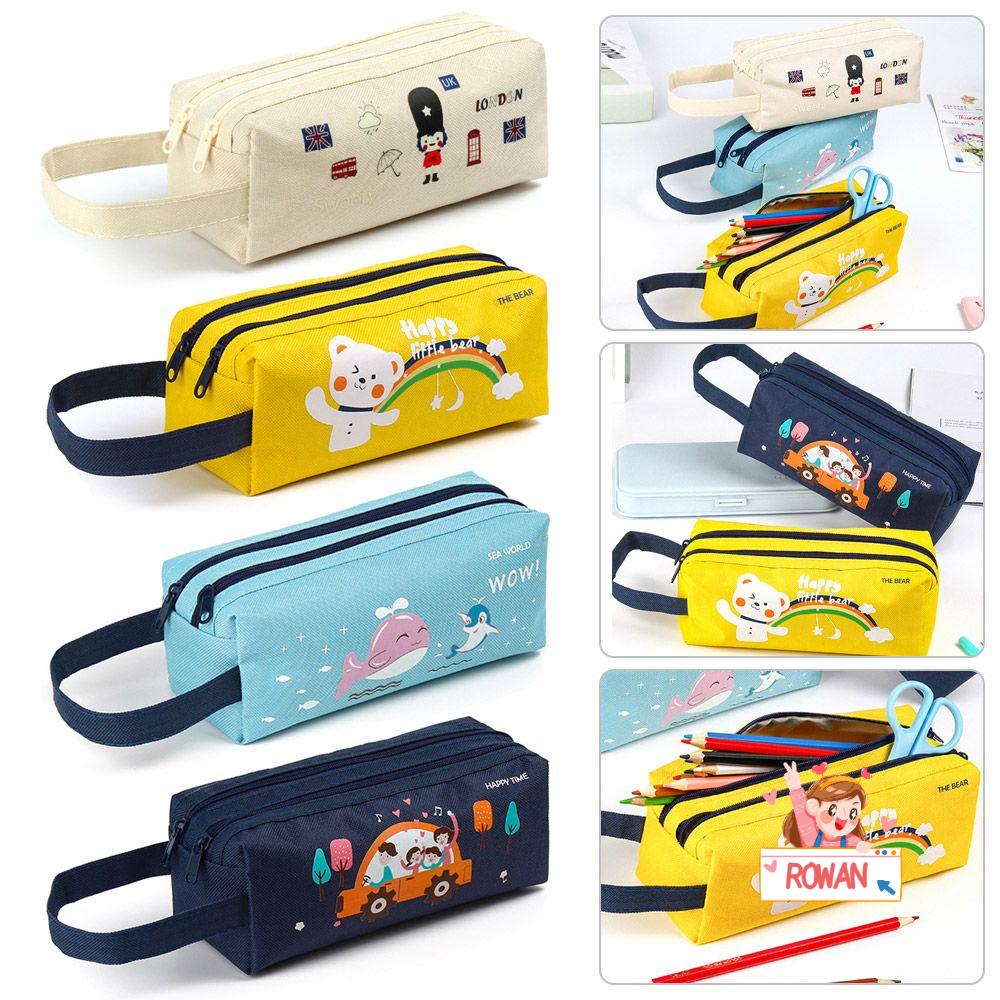 ROWANS Hộp Đựng Bút Hai Ngăn Có Khóa Kéo Họa Tiết Hoạt Hình Xinh Xắn