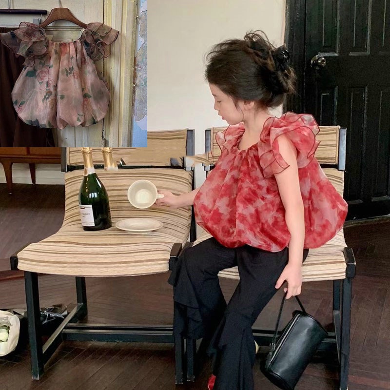 Bộ Áo Thun Tay Ngắn + Quần Ống Loe Xẻ Tà Siêu Mềm Phong Cách Hàn Quốc Thời Trang Mùa Hè Cho Bé Gái