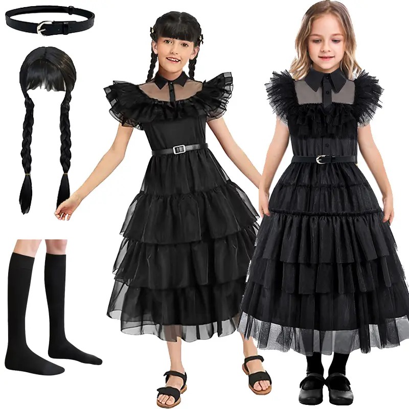 Đầm Hóa Trang Halloween Addams Màu Đen Phong Cách Gothic 2023 Cho Bé Gái E75 3-12 Tuổi