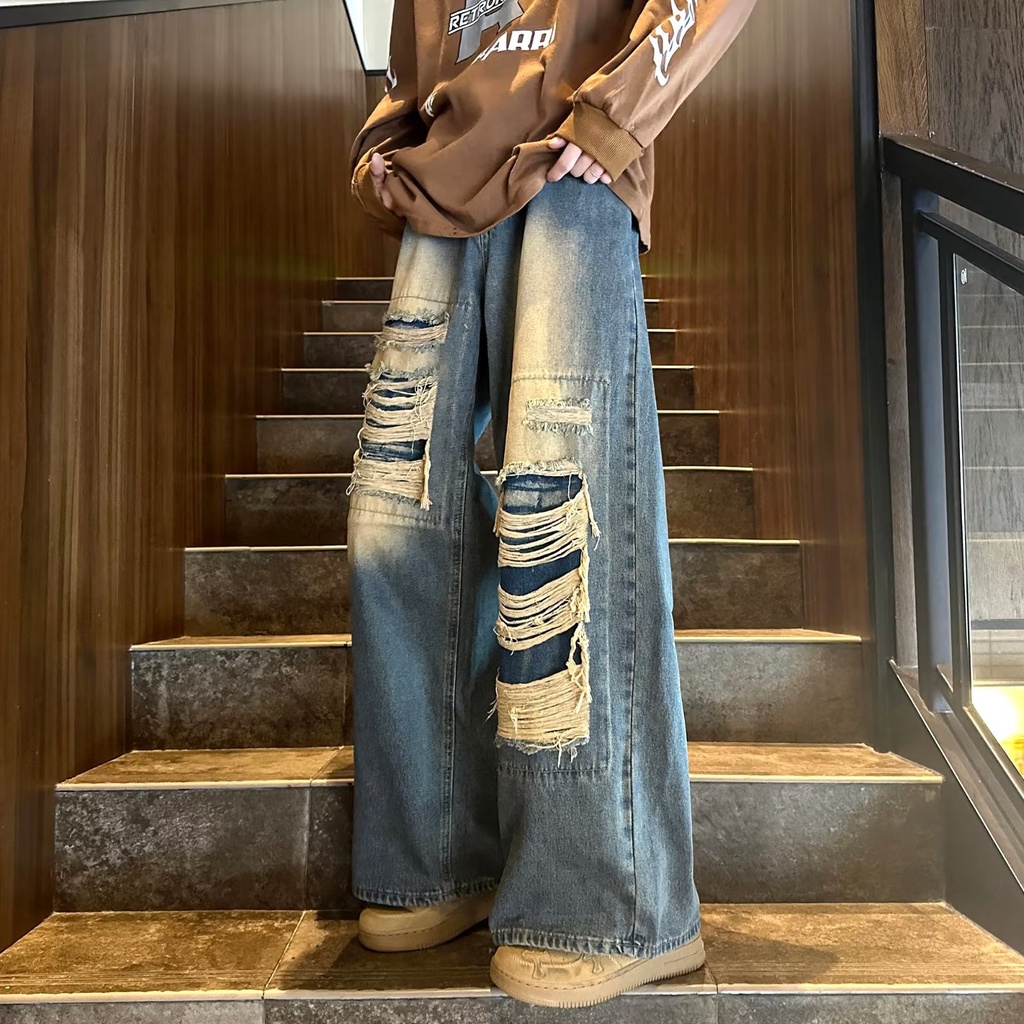 Quần Jean Dài Ống Rộng Rách Gối Phong Cách Retro Đường Phố Mùa Hè Dành Cho Nam