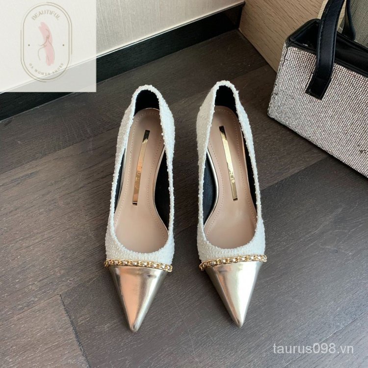 Giày Cao Gót 6-8cm Mũi Nhọn Bằng Cao Su PU Phối Lưới Thời Trang