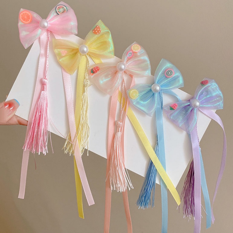 Set 2 Kẹp Tóc Nơ Ruy Băng Đính Ngọc Trai &amp; Trái Cây Cho Bé Gái