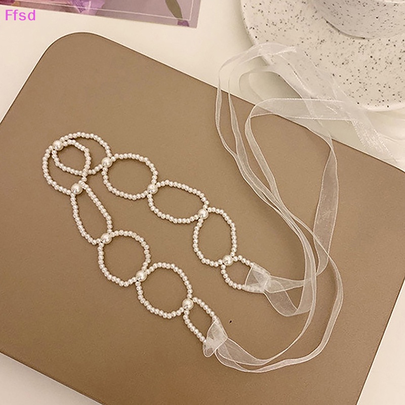 {Ffsd} Vòng Cổ Choker Dây Ruy Băng Dài Đính Hạt Ngọc Trai Pha Lê Ngọt Ngào Lãng Mạn Hàng Bán Chạy *