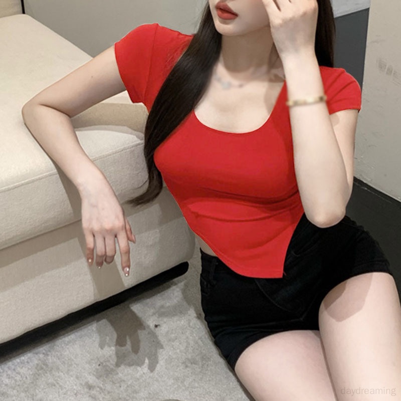 Áo Croptop Tay Ngắn Màu Sắc Thanh Lịch Cho Nữ