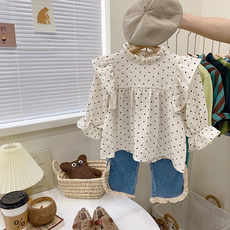 Áo Sơ Mi Cổ Đứng Lá Sen Họa Tiết Chấm Bi Phong Cách Hàn Quốc Thời Trang Mùa Thu 2023 Dành Cho Bé Gái