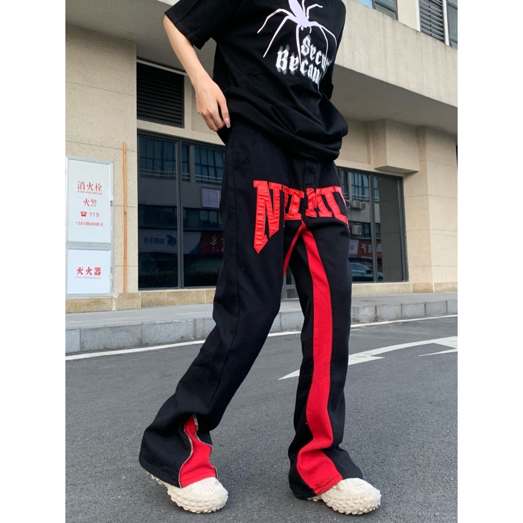 Quần Jean Dài Dáng Suông Rộng Có Khóa Kéo Phong Cách Hiphop Đường Phố Mỹ Cho Nam Và Nữ