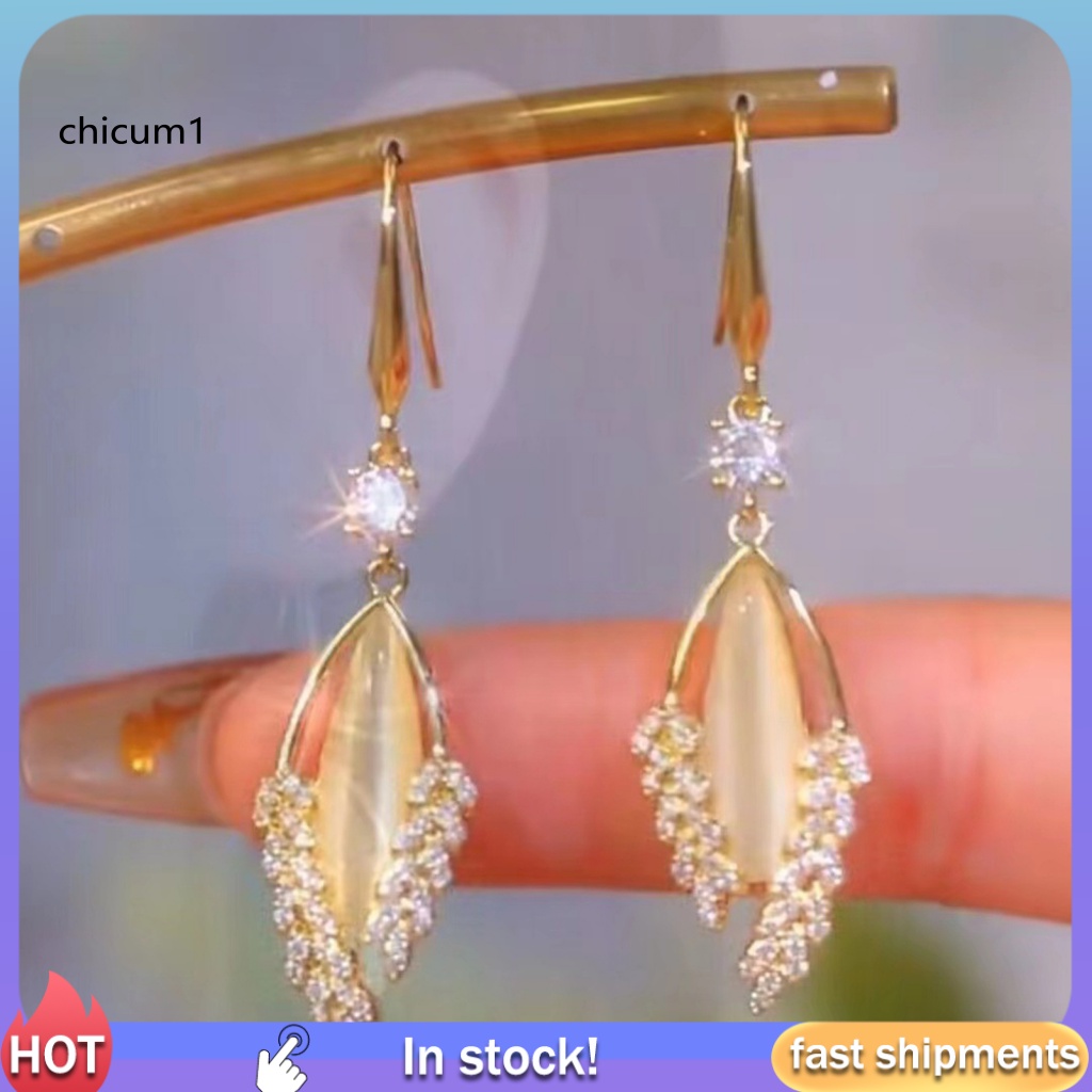 1 Đôi Bông Tai Hình Chiếc Lá Đính Đá Mắt Mèo Giả Thời Trang Sang Trọng Dành Cho Nữ