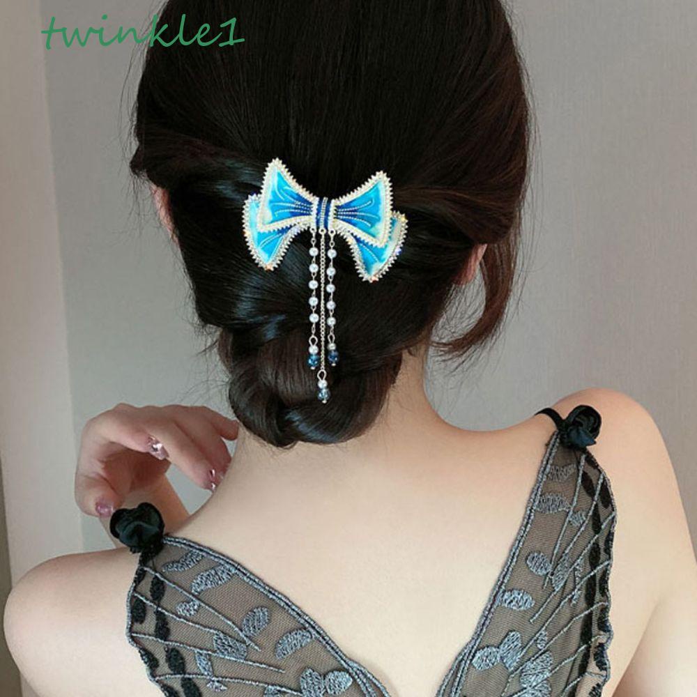 TWINKLE Kẹp Tóc Đính Nơ Tua Rua Lưng Màu Xanh Dương Phong Cách Hàn Quốc Cổ Điển Thời Trang