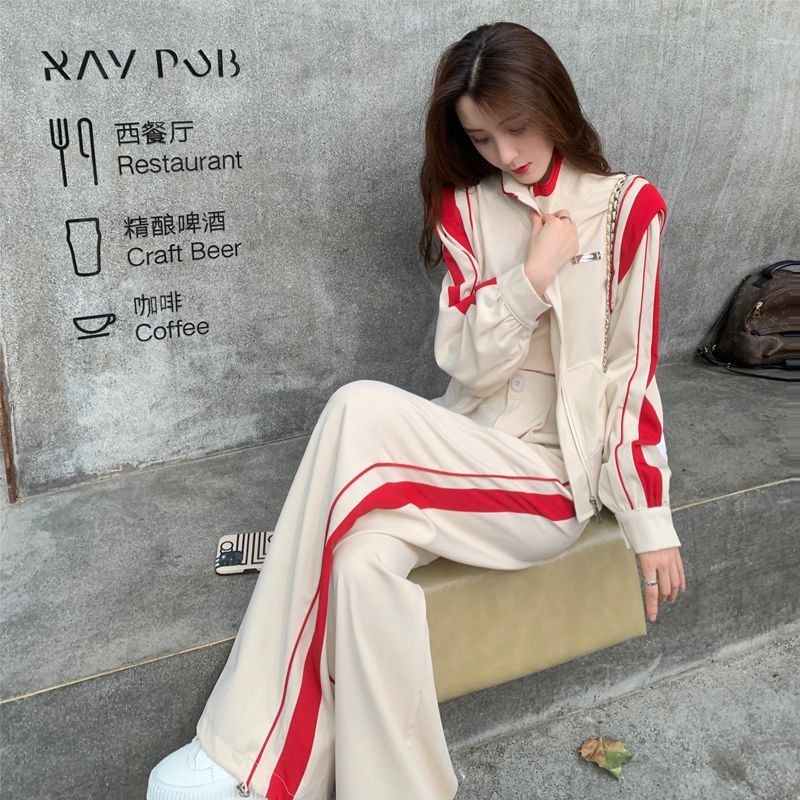 Bộ Áo Khoác Khóa Kéo + Quần Short Lưng Cao Ống Rộng Màu Sắc Tương Phản Thời Trang Mùa Thu Mới 2023 Cho Nữ
