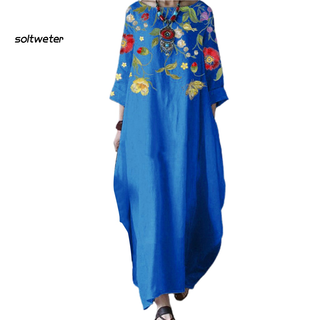 Đầm Maxi Cổ Tròn 3 / 4 Dáng Rộng In Họa Tiết Hoa Lá Thời Trang Xuân Thu Xinh Xắn Cho Nữ