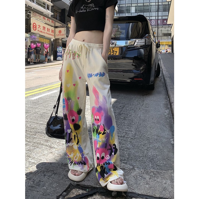 Dopamine Quần Ống Rộng Lưng Cao Dây Rút Họa Tiết Graffiti Mặc Vào Mùa Hè Cho Nữ