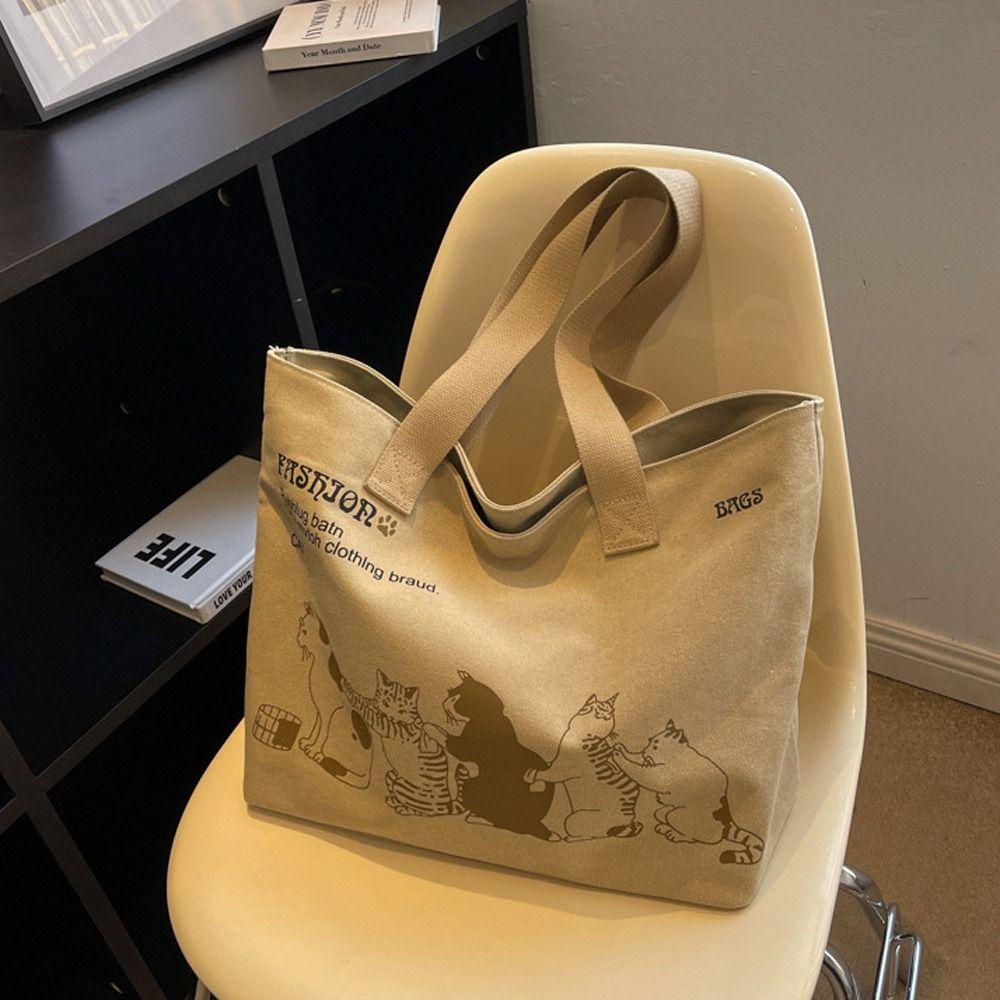 LOMBARD Túi Tote Vải Canvas In Hình Mèo Và Chữ Thanh Lịch Dễ Phối Đồ Thời Trang Đường Phố