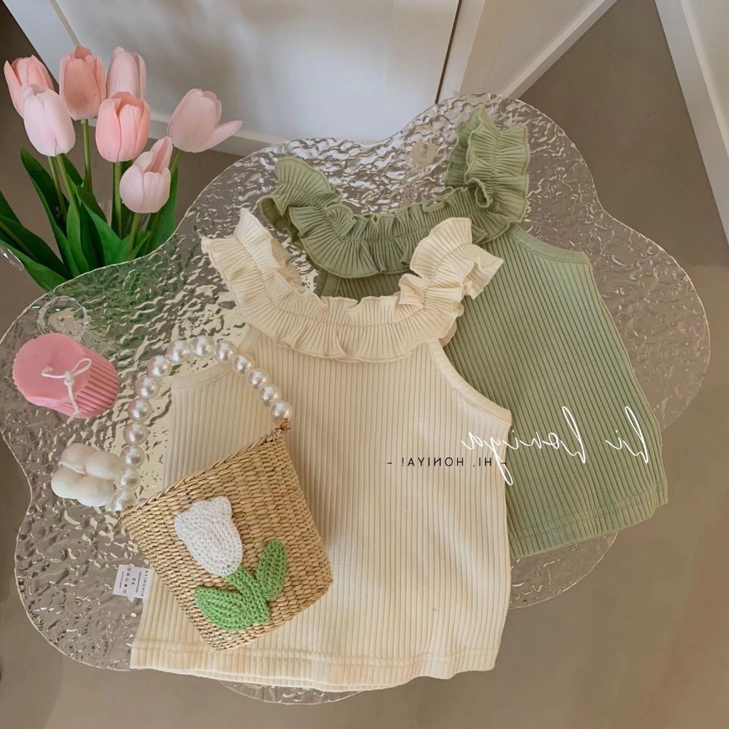 Áo Hai Dây Mùa Hè Nhỏ Màu Trơn Cổ Ren Cho Bé Gái