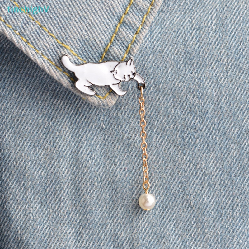 [TinchighV] Trâm Cài Áo Hình Mèo Tráng Men Đính Ngọc Trai Tráng Men Dễ Thương Làm Quà Tặng Cho Nữ [