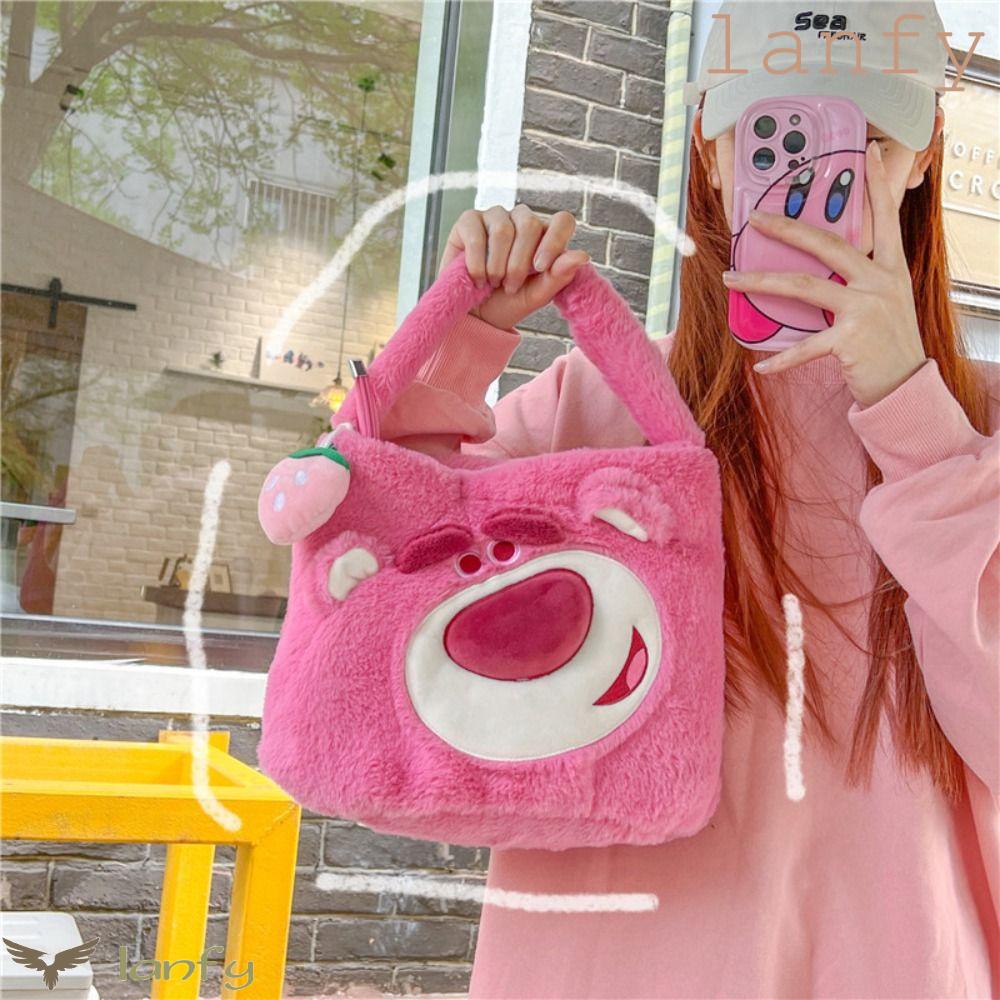 LANFY Túi Đeo Chéo Hình Gấu Dâu Tây Bằng Lông Nhung Dễ Thương Xinh Xắn