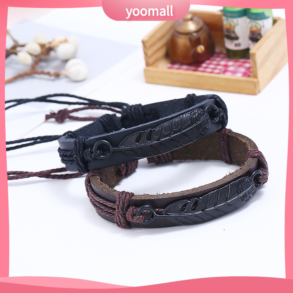 Vòng Tay Giả Da Dây Bện Phối Mặt Hình Lông Vũ Có Thể Điều Chỉnh Kích Cỡ Cho Nam