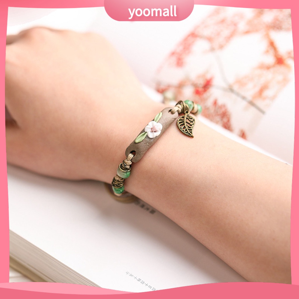 [YM] Vòng Đeo Tay Dây Bện Gắn Hạt Gốm Lá Rỗng Có Thể Điều Chỉnh Làm Quà Tặng Trang Sức Thời Trang Cho Nữ Sinh