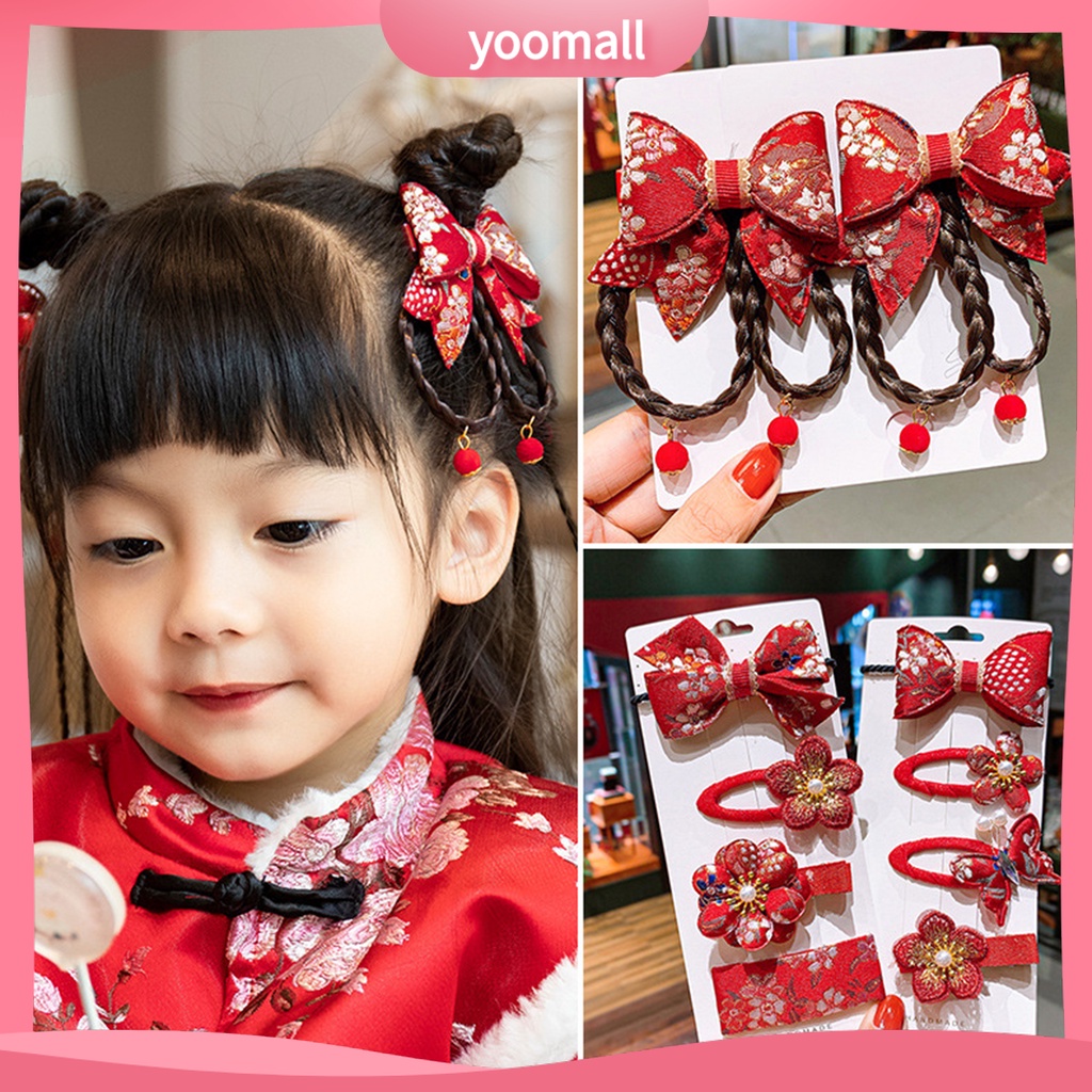 1 Cặp Kẹp Tóc Giả Đính Nơ Tua Rua Phong Cách Trung Hoa Ngọt Ngào Cho Bé Gái