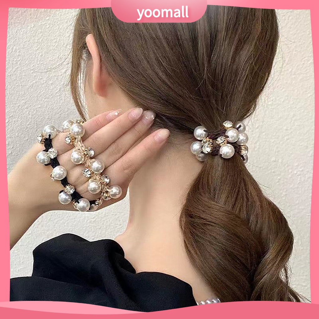 Dây Buộc Tóc Đính Đá Ngọc Trai Giả Lấp Lánh Phong Cách Hàn Quốc